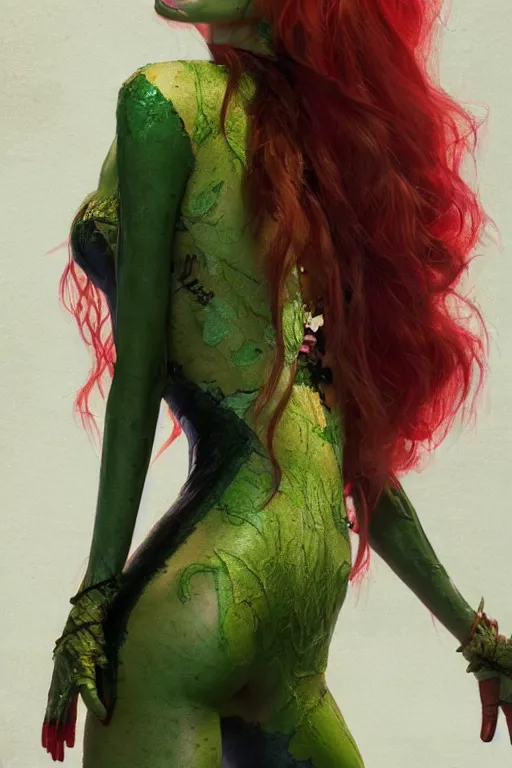 Image similar to Portrait of Behati Prinsloo as Poison Ivy making a duck face, in Batman movie still cinematic, artstation, Greg rutkowski, UHD 8K