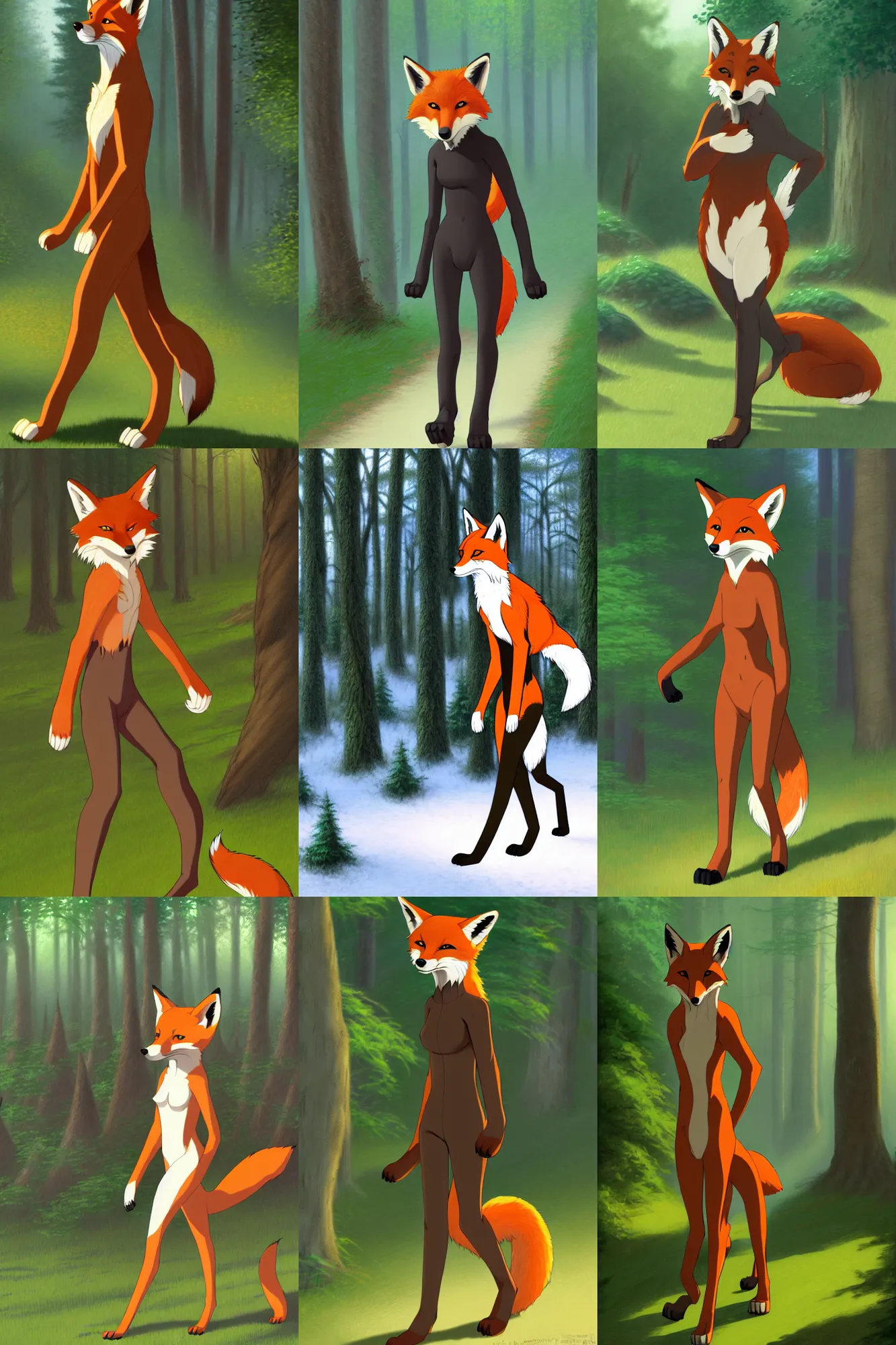 Prompt: anthro digitigrade natural - colored fox person with black paws, walking upright in a forest, hibbary, dark natasha, goldenwolf, thomas kinkade, makoto shinkai