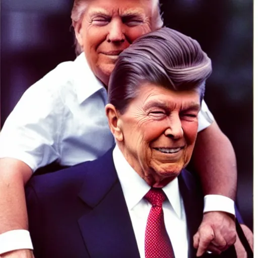 Image similar to trump getting a piggy - back ride from ronald reagan