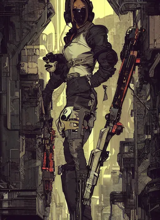 Prompt: the fox. cyberpunk assassin. portrait by ashley wood and alphonse mucha and laurie greasley and josan gonzalez. illustration, pop art, cinematic. realistic proportions. moody industrial setting. artstationhq