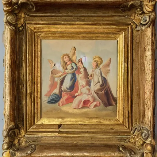 Image similar to 1 8 th century painting of 3 mary's, and 2 angels in the background