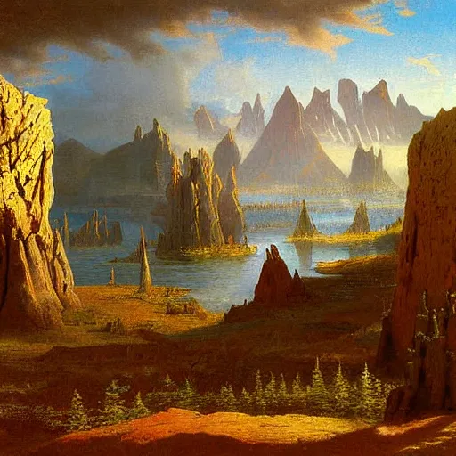 Prompt: Hyperborea painting by Vsevolod Ivanov and Albert Bierstadt