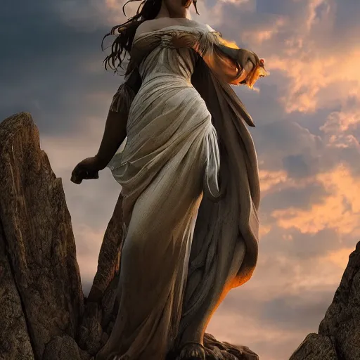 Image similar to an ultradetailed colossal magnificent mountain sized sculpture of an elegant woman, fine detail, sunrise on the horizon in the background, stone hand raised up, 8 k, art by greg rutkowski and alphonse mucha and andreas rocha and albert bierstadt