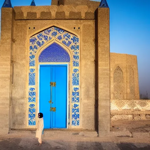 Image similar to Islamic castle with blue walls in Iraq, professional photo shoot,