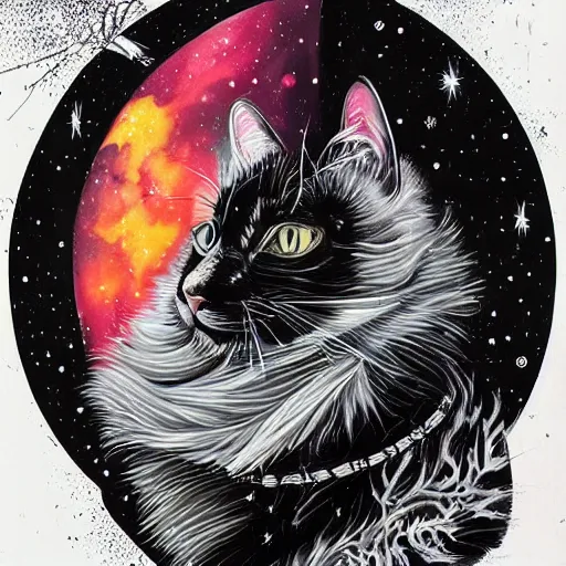 Image similar to a painting of a black and white cat in a cosmic scenic environment by sandra chevrier, hyperdetailed, beautiful, stars, planets, nebula, trending on artstation