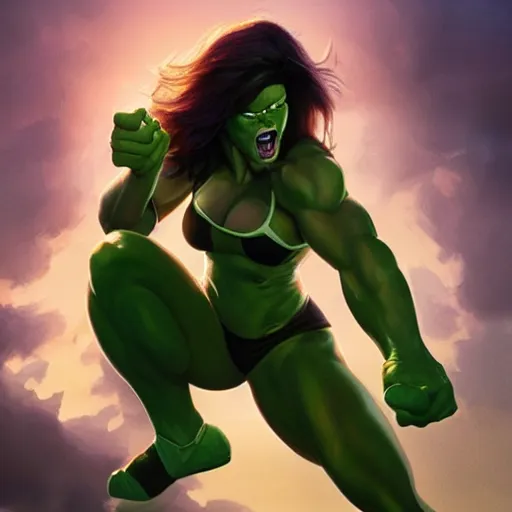 Image similar to she hulk, played by scarlett johannson, beautiful, cinematic, head and shoulders, trending on artstation, digital art, hyper realistic, striking pose, by greg rutkowski