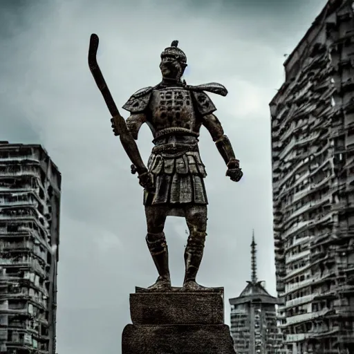 Image similar to statue of a warrior amongst the post apocalyptic city, hd photo