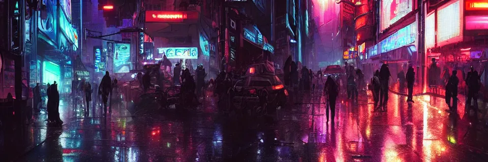 Image similar to overly crowded street of a cyberpunk city, rain, harsh neon lights, highly detailed, digital painting, trending on artstation, concept art, sharp focus, illustration, art by artgerm and greg rutkowski and magali villeneuve