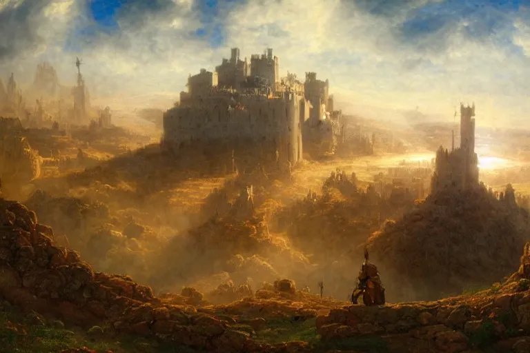 Prompt: an ultra detailed matte landscape painting of king richard the lionhearted as a shonen anime protagonist attacking jerusalem, 8 k, volumetric lighting, art by albert bierstadt and greg rutkowsi