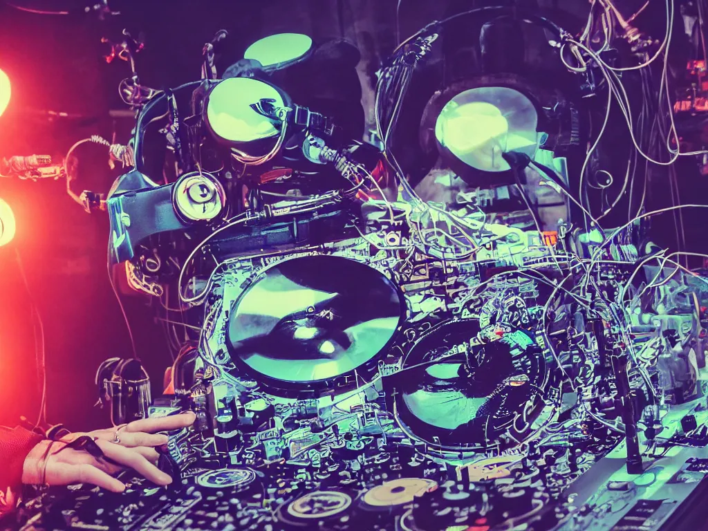 Image similar to a person wearing goggles and visor and headphones using a steampunk record player contraption, wires and tubes, turntablism dj scratching, intricate planetary gears, cinematic, imax, sharp focus, leds, bokeh, iridescent, black light, fog machine, hazy, lasers, hyper color digital art, cyberpunk