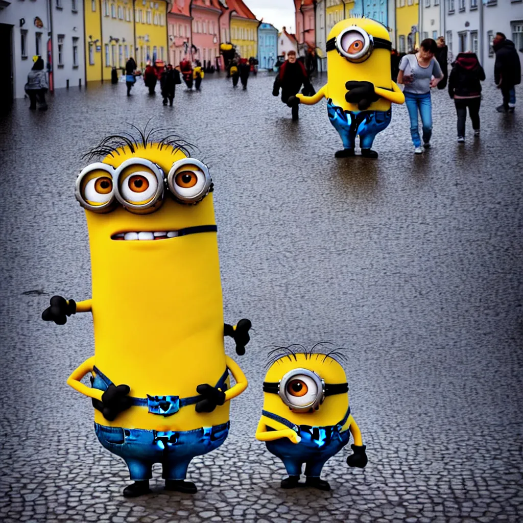 Prompt: minions hanging around in the streets of Tallinn, capital of estonia, while the city is suffering from floods from the sea due to climate change in the year 2100, the citizens of Tallinn are shocked, street photography, ultra detailed, 40mm focal lense, flash at noon, 8k,