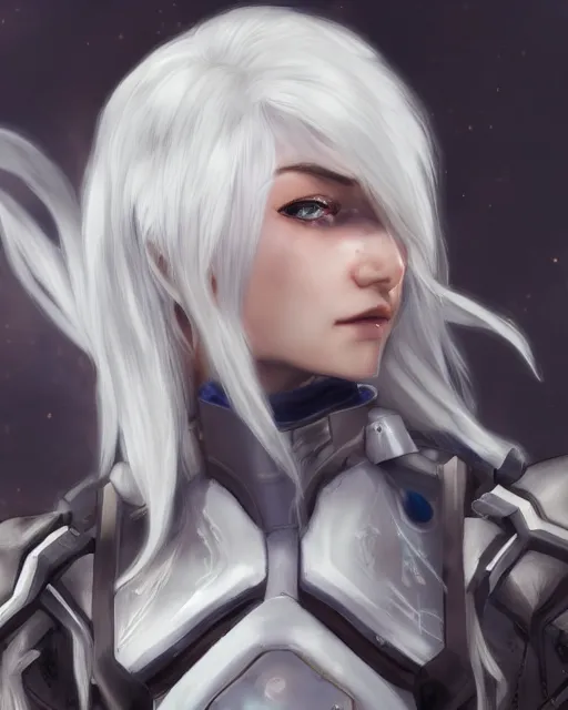 Image similar to perfect white haired girl, warframe armor, beautiful, dreamy, half asian, pretty face, blue eyes, detailed, windy weather, scifi platform, laboratory, experiment, 4 k, ultra realistic, epic lighting, cinematic, high detail, masterpiece, art by akihito tsukushi, akasuki voidstar