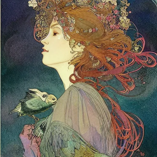 Image similar to a beautiful intricate watercolor illustration of a princess with birds 4 k, ultra - wide angle, by william turner, by victo ngai, by alphonse mucha, by moebius, by gustave dore, hd, trending on artstation, hyper detailed, muted intense colors