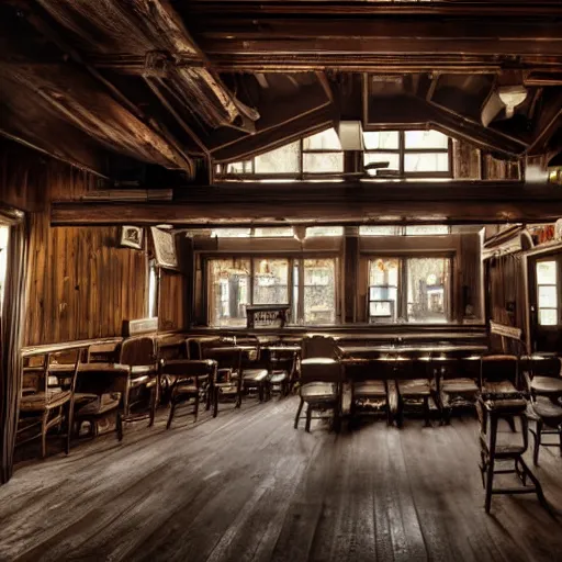 Prompt: Empty Old West Saloon at the break of day, dust particles in the air, god beams coming through the windows, hyper realistic, HD, DLSR Camera, Rococo style, Grand Piano, Staircase