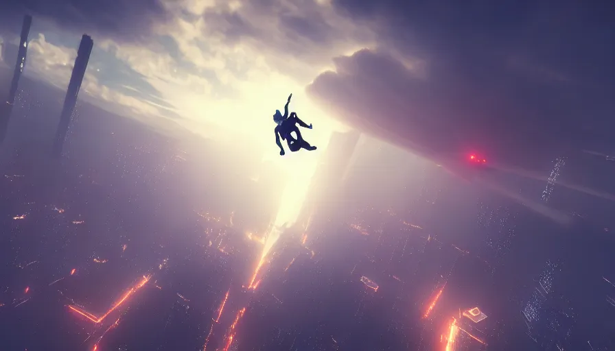 Prompt: man skydiving in dark cyberpunk city with clouds, volumetric lighting, dystopia, artstation, concept art, painting