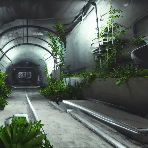 Image similar to screenshot of a first person shooter game on unreal engine 5, in a liminal underground garden, photorealistic, retrofuturism