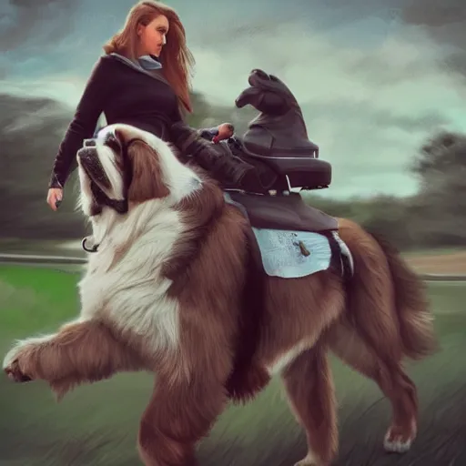 Image similar to girl riding a giant saint Bernard in the park, trending on artstation