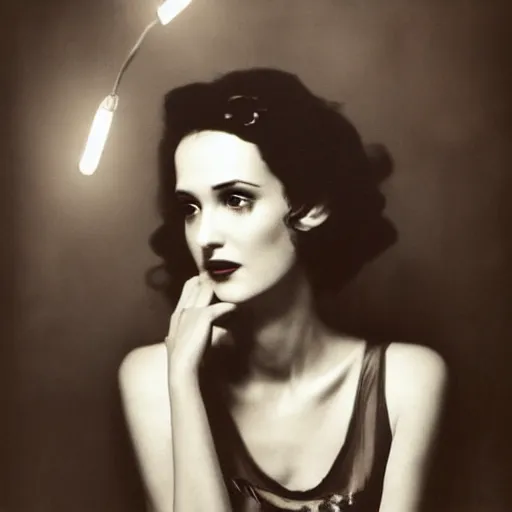 Image similar to portrait of winona ryder intricate, elegant, glowing lights, highly detailed photo by william mortensen