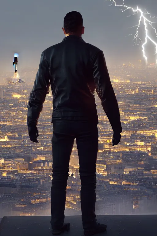 Prompt: in the foreground Paris, in the background a dark-haired man from behind playing with lightning coming out of his hands wearing a long matrix-style jacket, realistic, high definition, many details, dramatic scene, symmetrical face, realistic eyes, cyberpunk art 2077