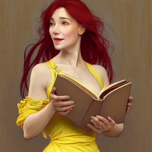 Image similar to a smiling beautiful woman with red hair in a bun wearing a yellow dress and reading a book, masterpiece, intricate, elegant, highly detailed, digital painting, artstation, concept art, smooth, sharp focus, illustration, art by artgerm and greg rutkowski and alphonse mucha and uang guangjian and gil elvgren and sachin teng, symmetry!!