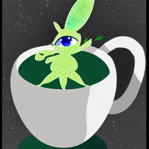 Image similar to detailed 4k UHD digital painting of chibi Tinkerbell in a coffee cup hungover with heavy eyeliner wearing a towel