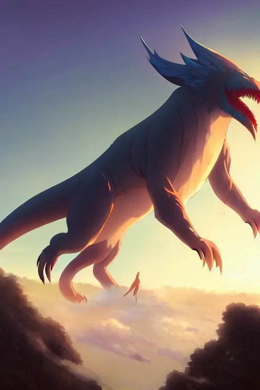 Prompt: a large creature hybrid kaiju, large fangs and a long beak, stepping out of the fog high in the sky near a small cliff, sunset, backlit, by makoto shinkai an krenz cushart