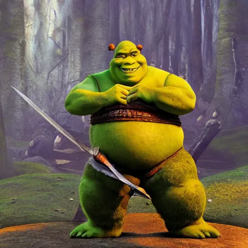 Image similar to photo of shrek using samurai armor