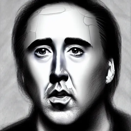 Image similar to Drinking from bottle liquid with face Nicolas Cage. Surrealism. Surreal drawing. Digital art, from artstation