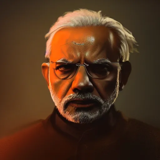 Prompt: portrait of angry Narendra Modi, dystopian, dirty, cyberpunk, volumetric lighting, cgsociety