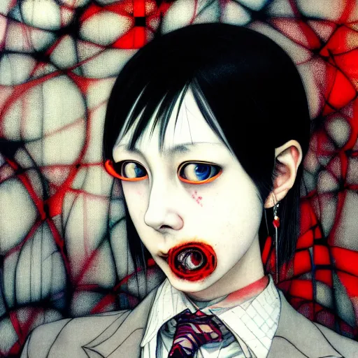 Image similar to yoshitaka amano blurred and dreamy realistic three quarter angle horror portrait of a sinister young woman with short hair, big earrings and red eyes wearing office suit with tie, junji ito abstract patterns in the background, satoshi kon anime, noisy film grain effect, highly detailed, renaissance oil painting, weird portrait angle, blurred lost edges