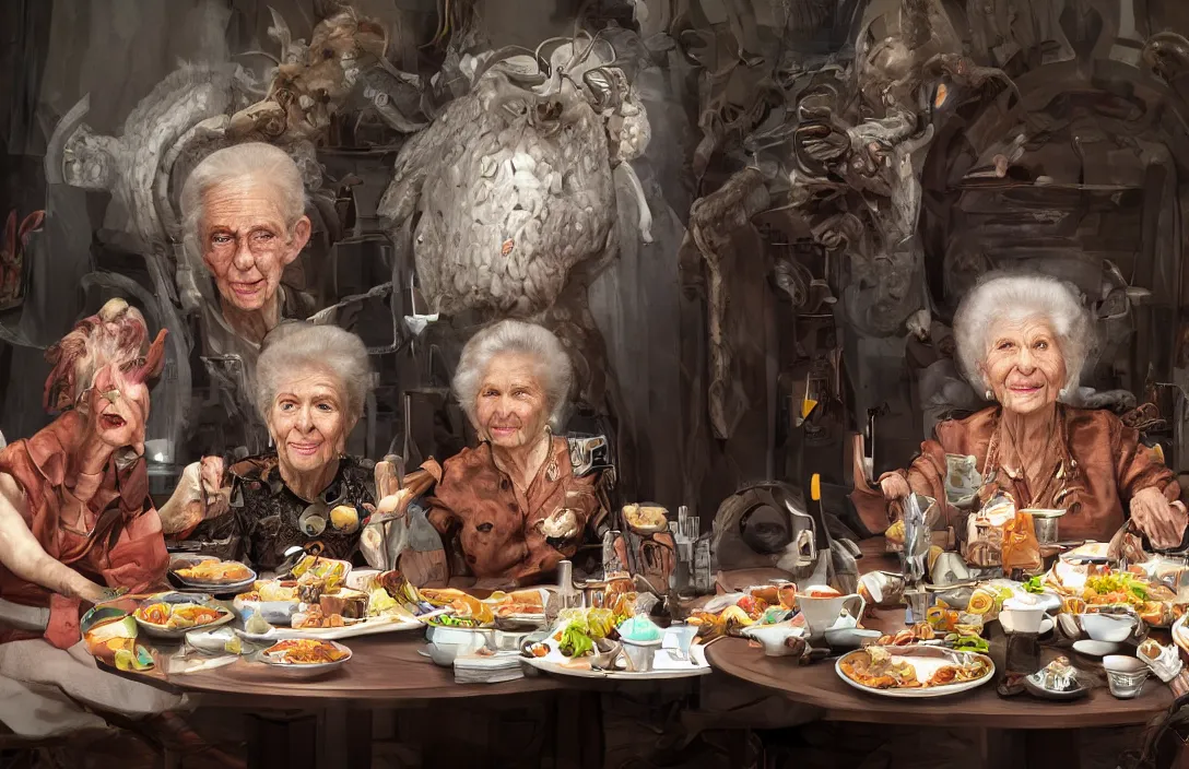 Prompt: portrait of mirta legrand old lady with cibernetic eye sitting at the table having lunch with cyborgs. centered. digital art. hyperrealistic, hyperdetailed. 4 k octane render