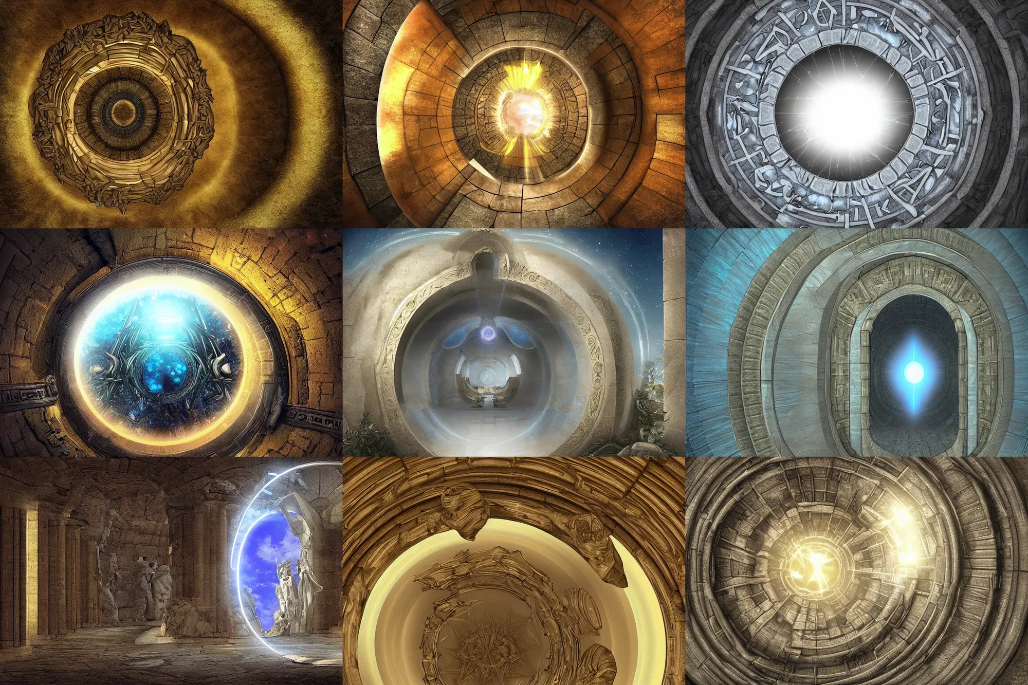 Prompt: a stargate in a olympus temple leads to another dimension, portal, gate, dimension, arstation, digital art