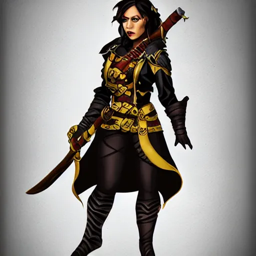 Image similar to level 10 D&D character, D&D character art, female spaniard, light skin, swashbuckler rogue, black with gold accents, organza waves