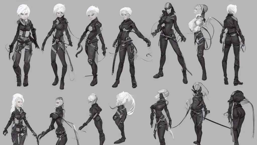 Image similar to a fantasy short white haired female rogue character design sheet, trending on artstation