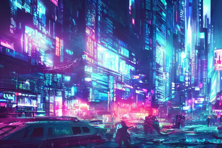 Prompt: a dystopian cyberpunk city with to much neon light, a large tv in the middle of the city, anime, 4k, super wide angle, PS5 graphic, digital art, trending on artstation