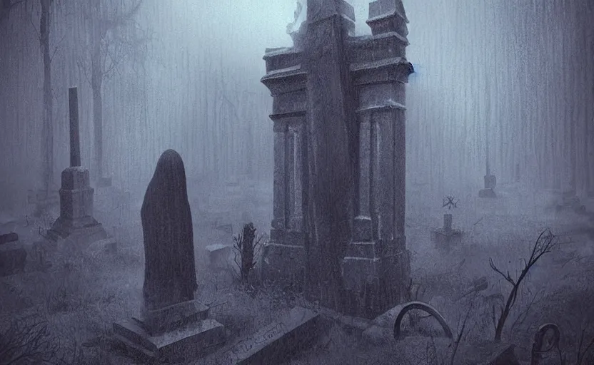 Prompt: a ghost walking though an old cemetary. haunted. night, rain, mist. hyper detailed. poster by daniel danger