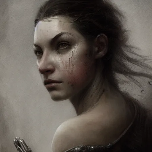 Image similar to portrait of a woman, sad, cry, gloomy, bloody, intricate, elegant, highly detailed, digital painting, artstation, concept art, matte, sharp focus, illustration, octane render, unreal engine, art by aenaluck and roberto ferri and greg rutkowski, epic fantasy, digital painting