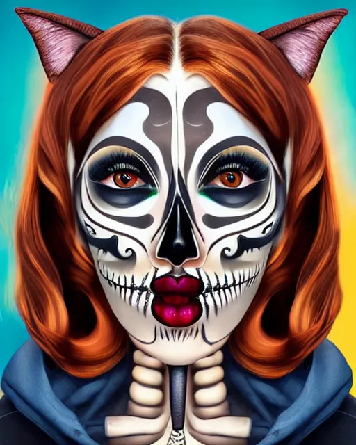 Image similar to a surrealistic head and shoulder painting of a gorgeous female skeleton with cat eyeballs and lipstick and hoodie, in the style of salvador dali, digital art, detailed masterpiece