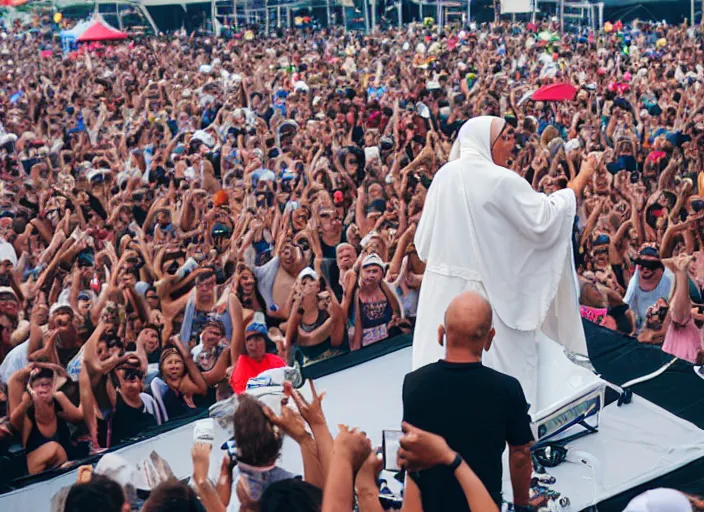 Prompt: photo still of mother teresa on stage at vans warped tour!!!!!!!! at age 5 8 years old 5 8 years of age!!!!!!! throwing roseries to the crowd, 8 k, 8 5 mm f 1. 8, studio lighting, rim light, right side key light