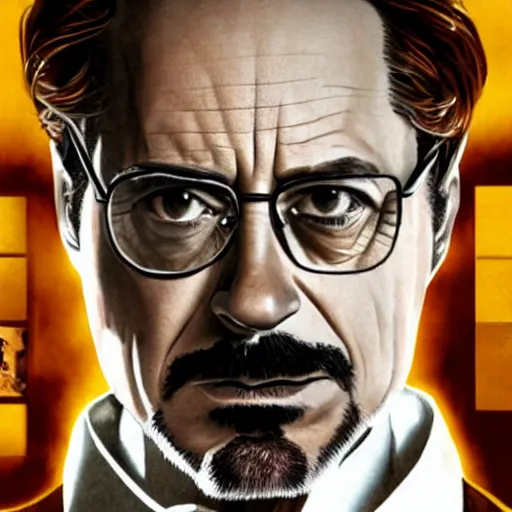 Image similar to Robert Downey Jr. as Walter White, HD, photorealistic, cinematic lighting