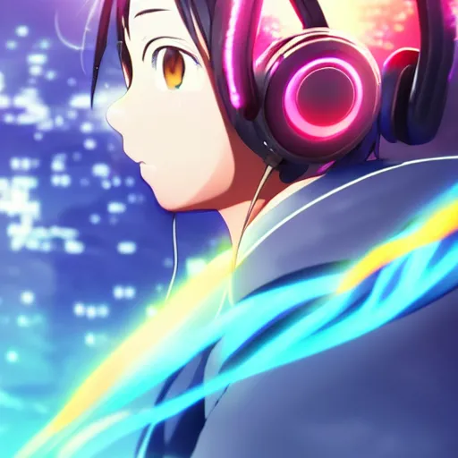 KREA - an anime music producer with headphones on, official art, key  visual, studio lightning, very detailed bd cover, Kimi no Na Wa,  hyperrealistic, artstation, caustics, trending on Artstation, 8K, octane  renderer