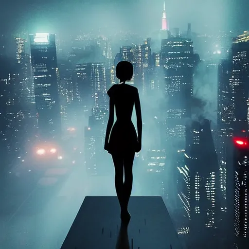 Prompt: “ girl standing on a roof looking down at a foggy futuristic new york city below, ghostpunk, blade runner, cyberpunk, brutalist, very detailed, anime, manga ”