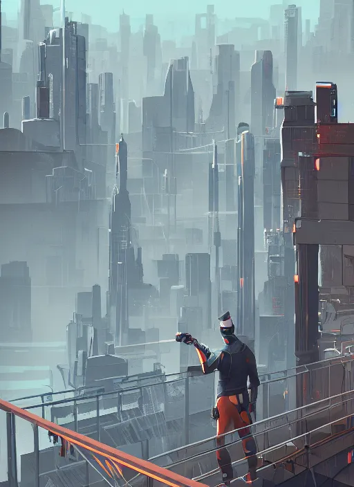 Image similar to gordon freeman standing on top of a bridge over a city, half - life 2 art by james gilleard, cgsociety, cityscape, 2 d, game art