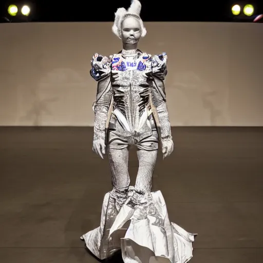 Image similar to hybrid model astronaut walking down a catwalk, elaborate dress by alexander mcqueen, stage lighting, sigma 8 5 mm f 1 6, art by studio clamp, real