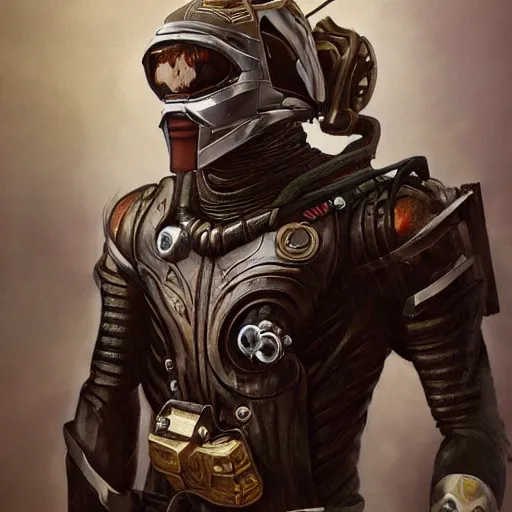 Image similar to !dream a realistic painting by Raffaello Sanzi depicting the Kamen Rider Faiz with the head of the symbiotic Riot in the Renaissance with steampunk parts,smooth,Sharp focus, trending on Artstation.