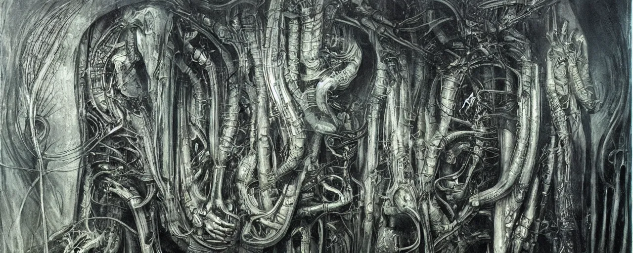Prompt: painting _ by _ h. _ r. _ giger, the mysterious realm of magic, dark _ undertones
