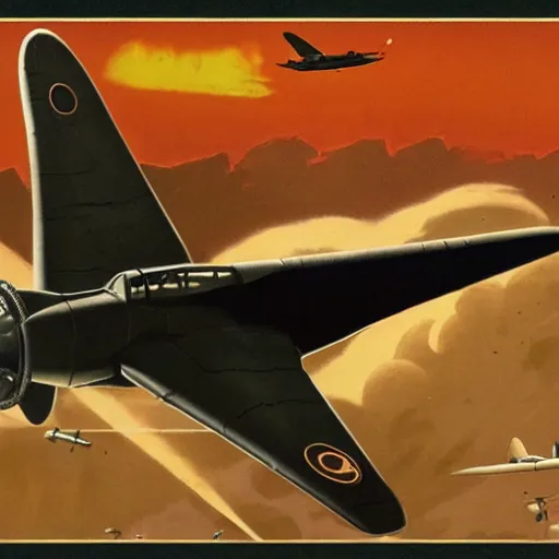 Prompt: a detailed matte painting of a pterodactyl flying in a nazi messerschmitt in a bombing raid, 8 k, artstation, art in a turn of the century pulp novel style