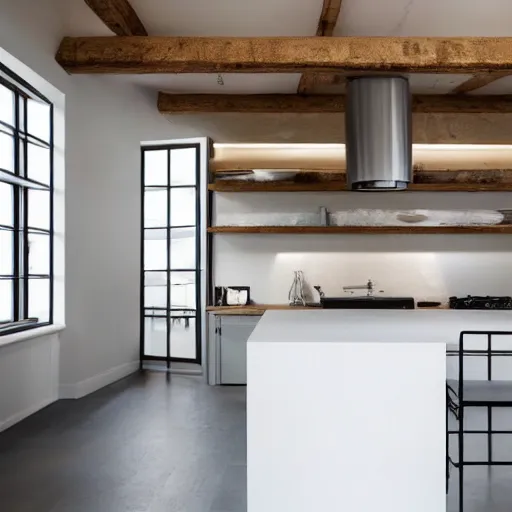 Image similar to luxury bespoke kitchen design, modern rustic, Japanese and Scandinavian influences, understated aesthetic, innovative materials and texture, by Roundhouse Design and Charles Yorke and Davonport