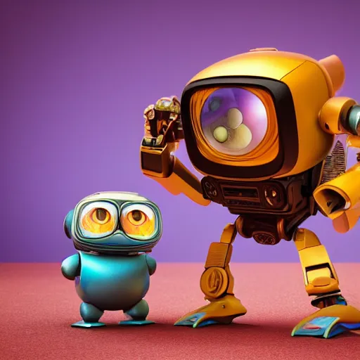 Image similar to two small chubby bots, hyperdetailed colourful, smooth panelling, intricate detail, pushing a battery, style of cute pokemon, with damaged rusty arms, antenna, jerboas, floating, white studio, oil, mechanical, cute toy, wall - e, ambient light, in the style of pixar animation, pokedstudios,, blender, octane render, 8 k,