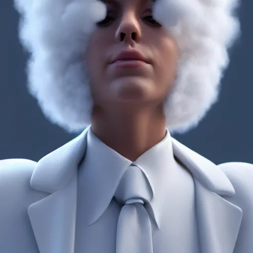 Prompt: beautiful 3D rendered fictional character made of fluffy clouds, wearing white suit, realistic, 8k, 4k, unreal engine, by Antoni Tudisco, artstation